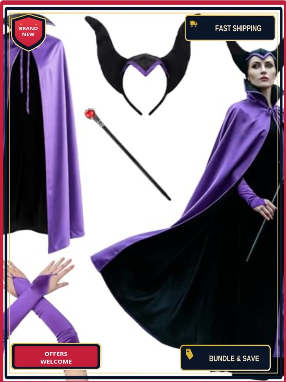 Evil Queen Costume Set Cape Horns Staff Gloves Wicked Villain Cosplay